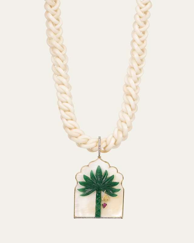 Mother of Pearl Window Pendant Necklace with Diamonds, Ruby and Green Quartz Palm Tree